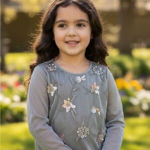 Zara Kids Gray Floral Embroidered Long Sleeve Tee